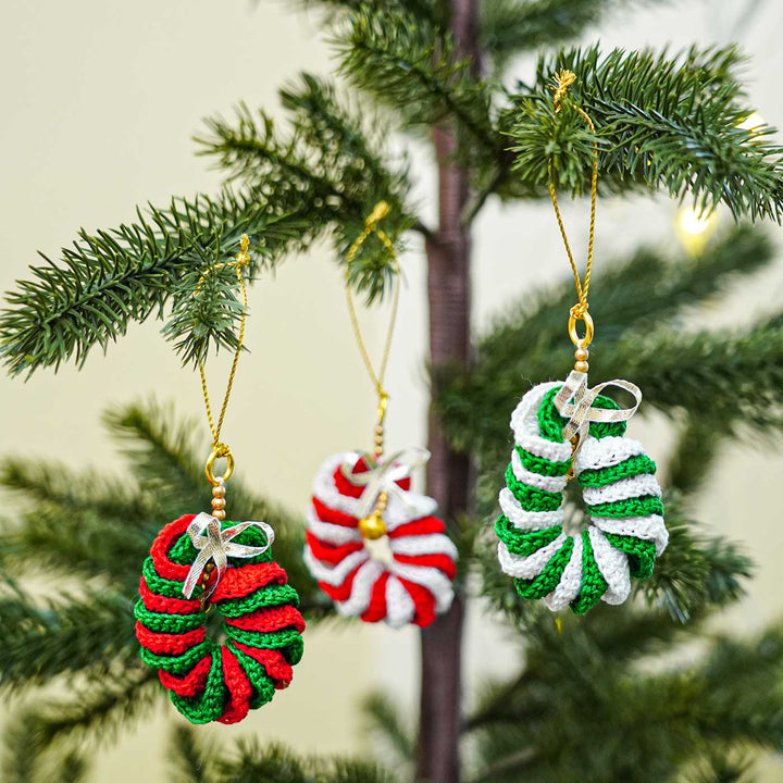 Handmade Wreath Shaped Crochet Ornaments For Christmas Tree Decoration | Set Of 3