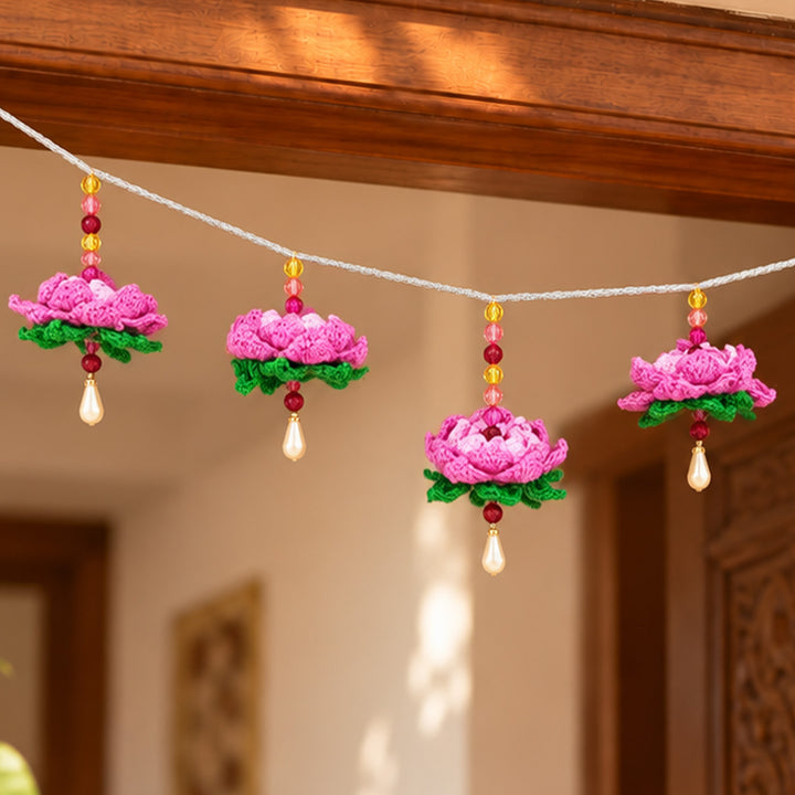 Handmade Lotus Crochet Toran with Crystal Beads & Beaded Tassels