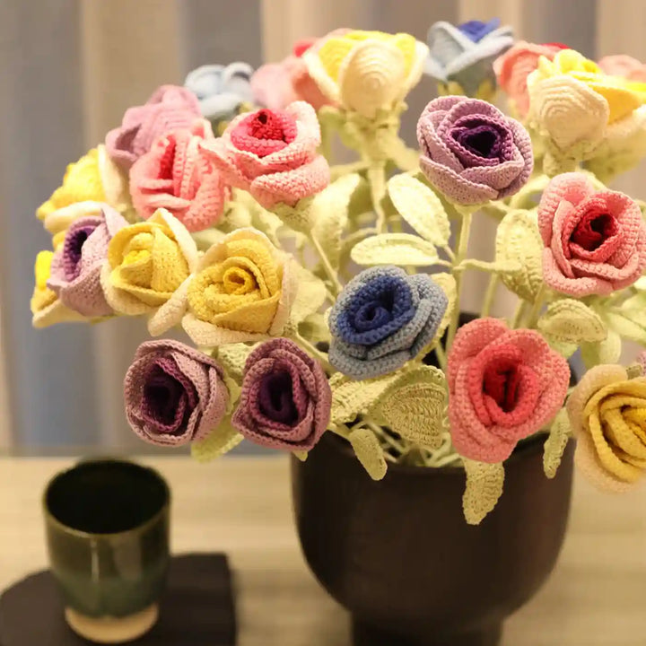 Handmade Crochet Shaded Roses Cotton Flower Stick | Pack Of 1