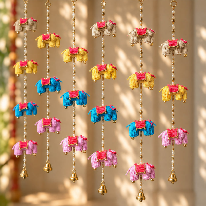 2 pc | Handmade Elephant Theme Crochet Wall Hanging with Bells & Ghungroo