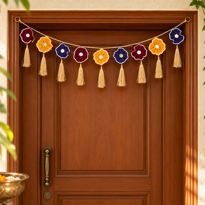 Handmade Tricolor Circular Crochet Toran with Mirrors & Tassels – Maroon, Orange & Purple