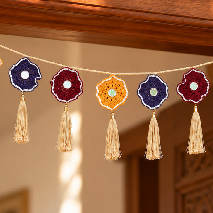 Handmade Tricolor Circular Crochet Toran with Mirrors & Tassels – Maroon, Orange & Purple