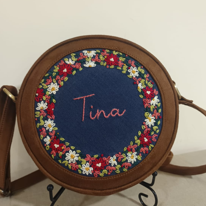 Personalized Embroidered Tan Brown Denim Floral Round Sling Bag