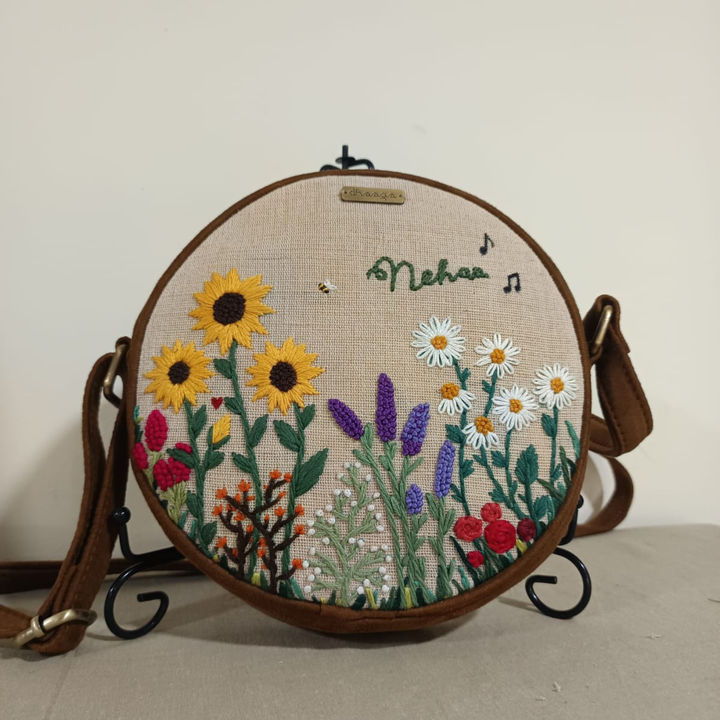 Personalized Embroidered Bee & Wildflowers Round Sling Bag