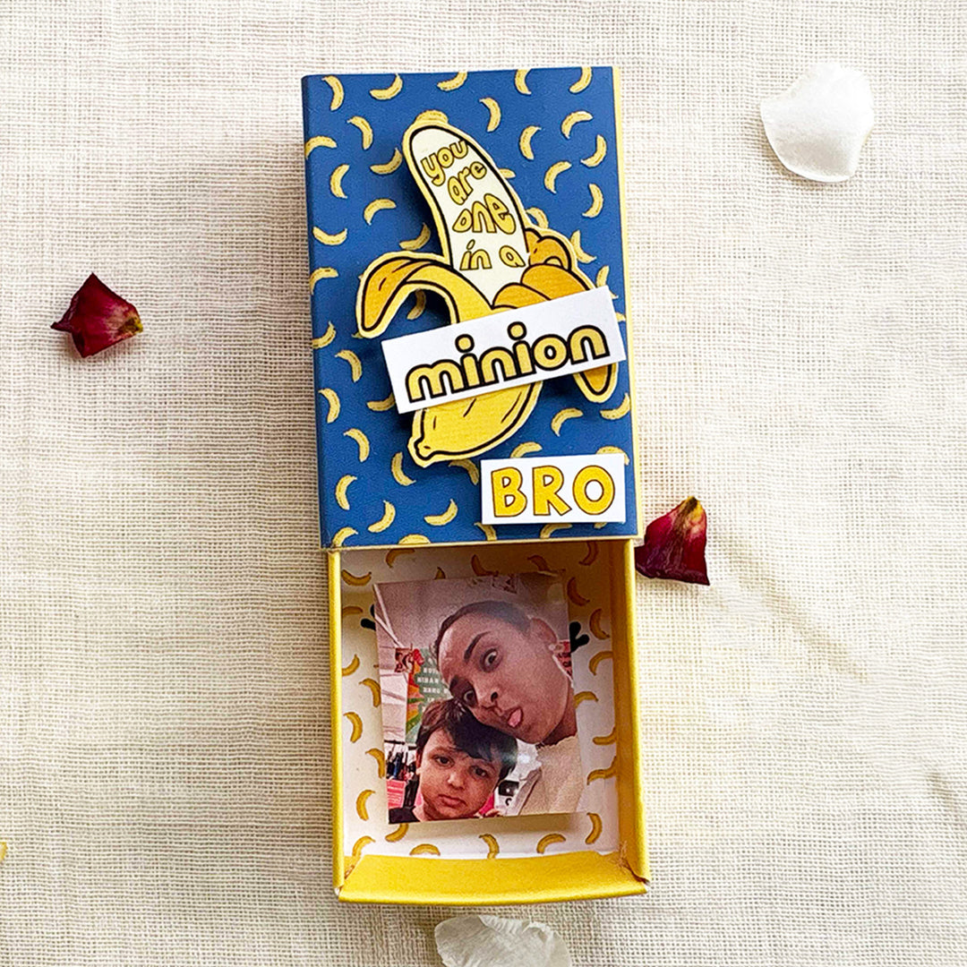 Personalized Photo "Minion" Theme Rakhi Gift for Little Brother | Rakhi, Matchbox Card & Photo Magnet Combo