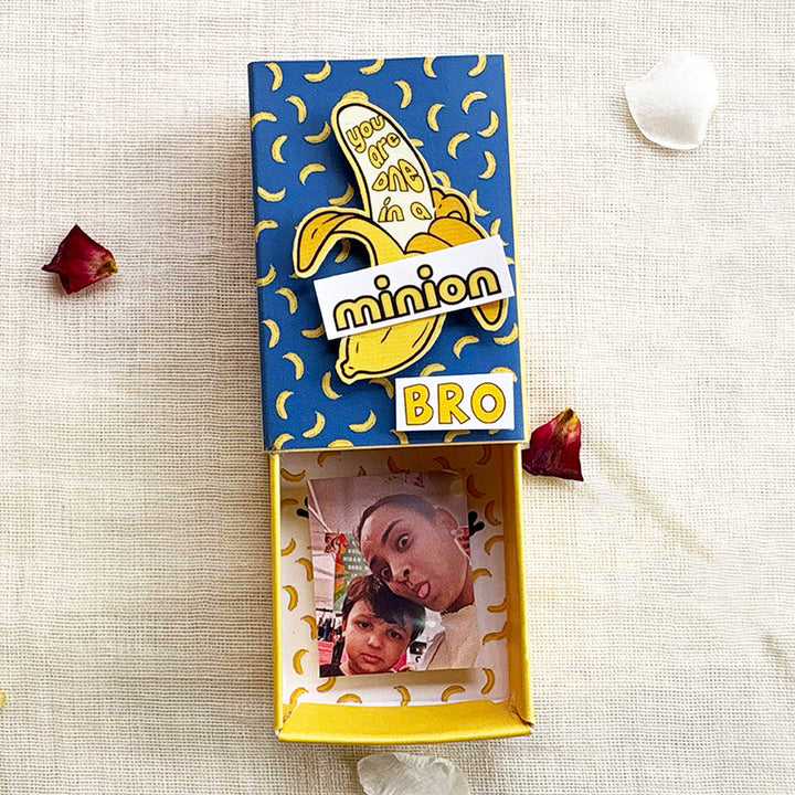 Personalized Photo "Minion" Theme Rakhi Gift for Little Brother | Rakhi, Matchbox Card & Photo Magnet Combo