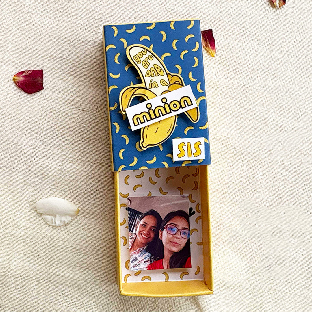 Personalized Photo "Minion" Theme Rakhi Gift for Little Sister | Rakhi, Matchbox Card & Photo Magnet Combo