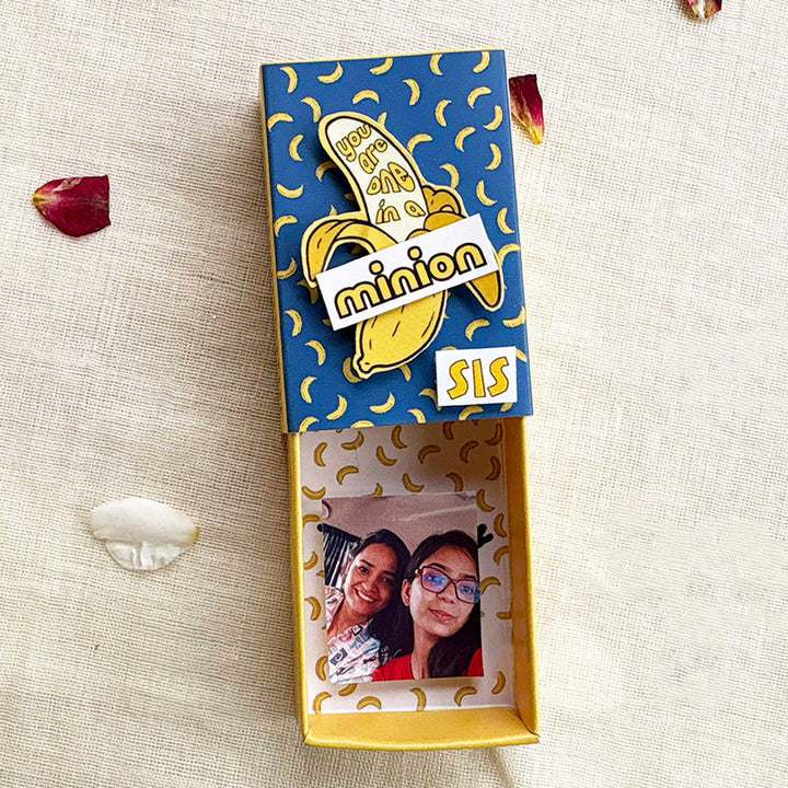 Personalized Photo "Minion" Theme Rakhi Gift for Little Sister | Rakhi, Matchbox Card & Photo Magnet Combo