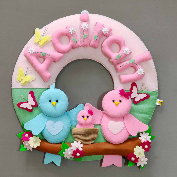 Hand-stitched Cute Bird Family Themed Round Felt Kids Name Plate for Baby Girl