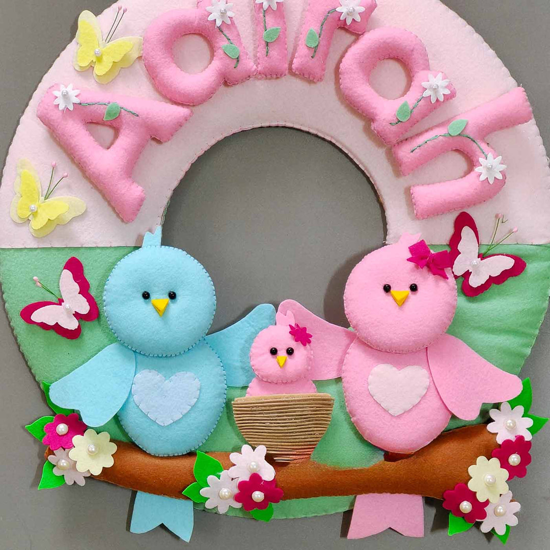 Hand-stitched Cute Bird Family Themed Round Felt Kids Name Plate for Baby Girl