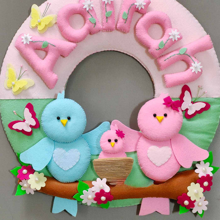 Hand-stitched Cute Bird Family Themed Round Felt Kids Name Plate for Baby Girl
