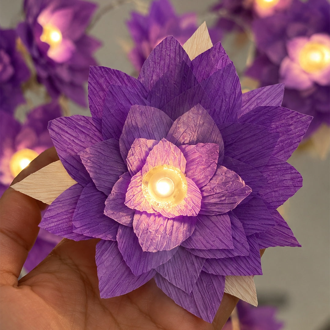 Handmade Phool Jhalar Crepe Paper Flower LED Fairy Light For Festive Decor - Purple & Green