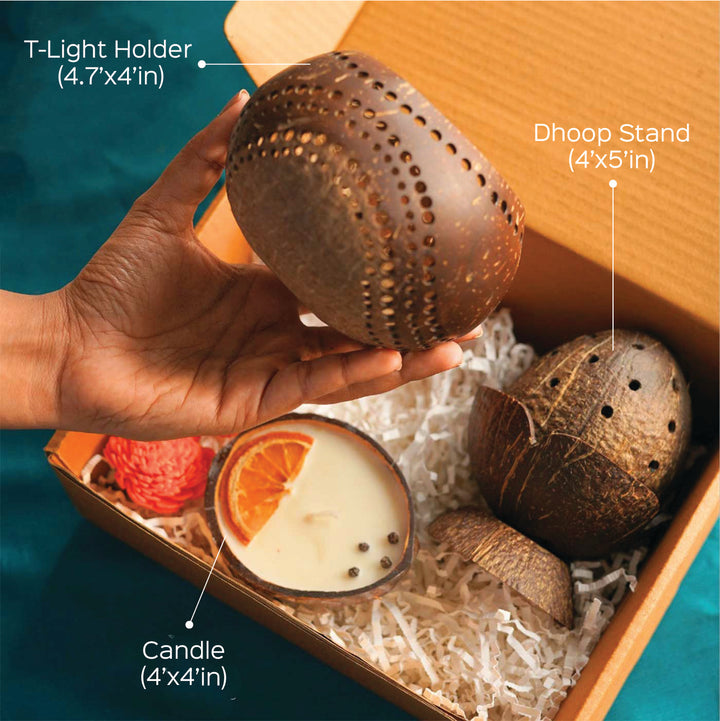 Eco-Friendly Handmade Diwali Coconut Shell Gift Hamper | Set of 4