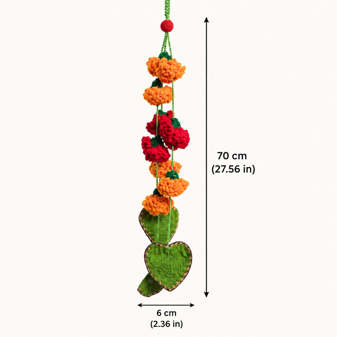 28 Inch | Set Of 2 Handmade Crochet Pink Floral Chidiya & Green Leaf Festive Door Side Hangings