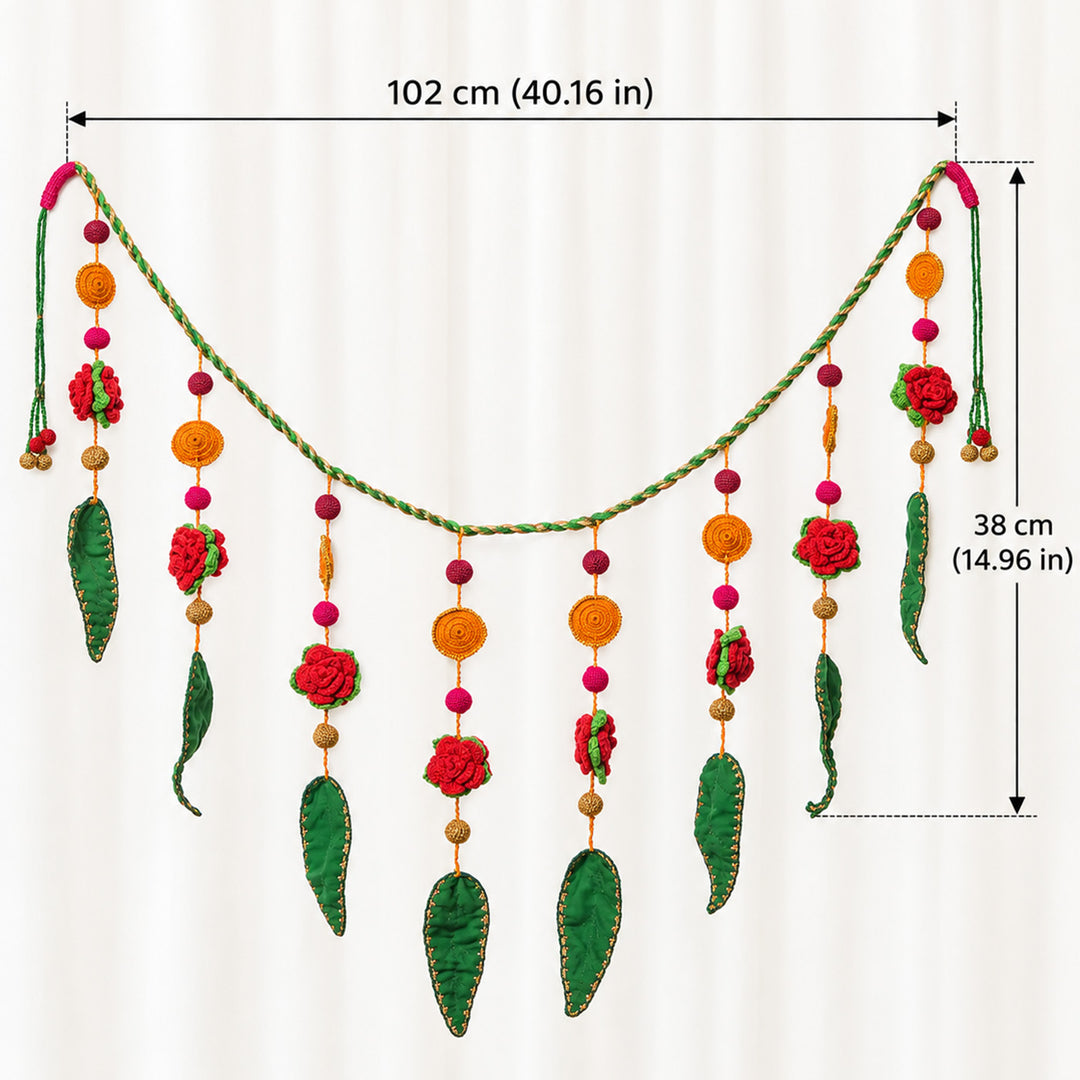 40 Inch | Intricate Handmade Crochet Gulab Ambi Pink & Green Floral Leaf Toran For Festive Decor