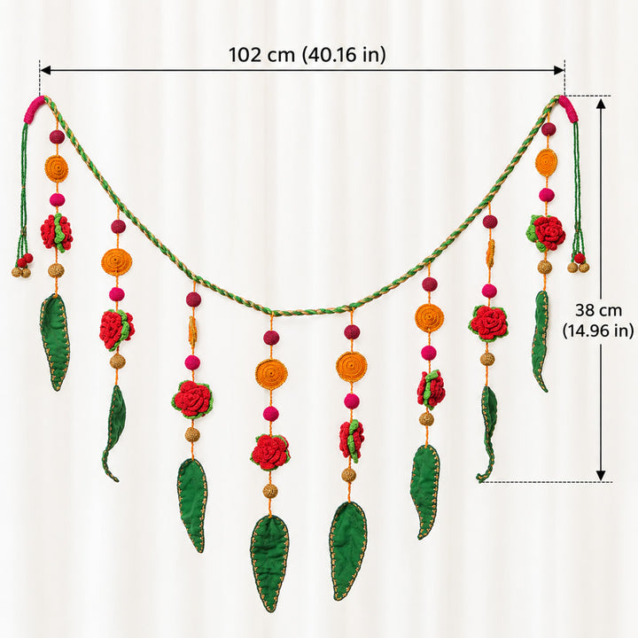 40 Inch | Intricate Handmade Crochet Gulab Ambi Pink & Green Floral Leaf Toran For Festive Decor