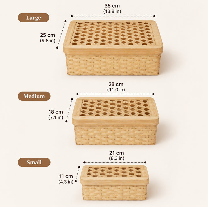 Set Of 3 "Mira" Handcrafted Hexagonal Weave Bamboo Rectangular Gift Box For Storage And Gifting