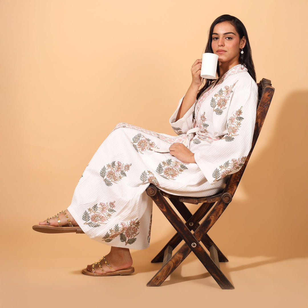 Personalized Handmade Block Printed Rose Gold Floral Cotton Bath Robes