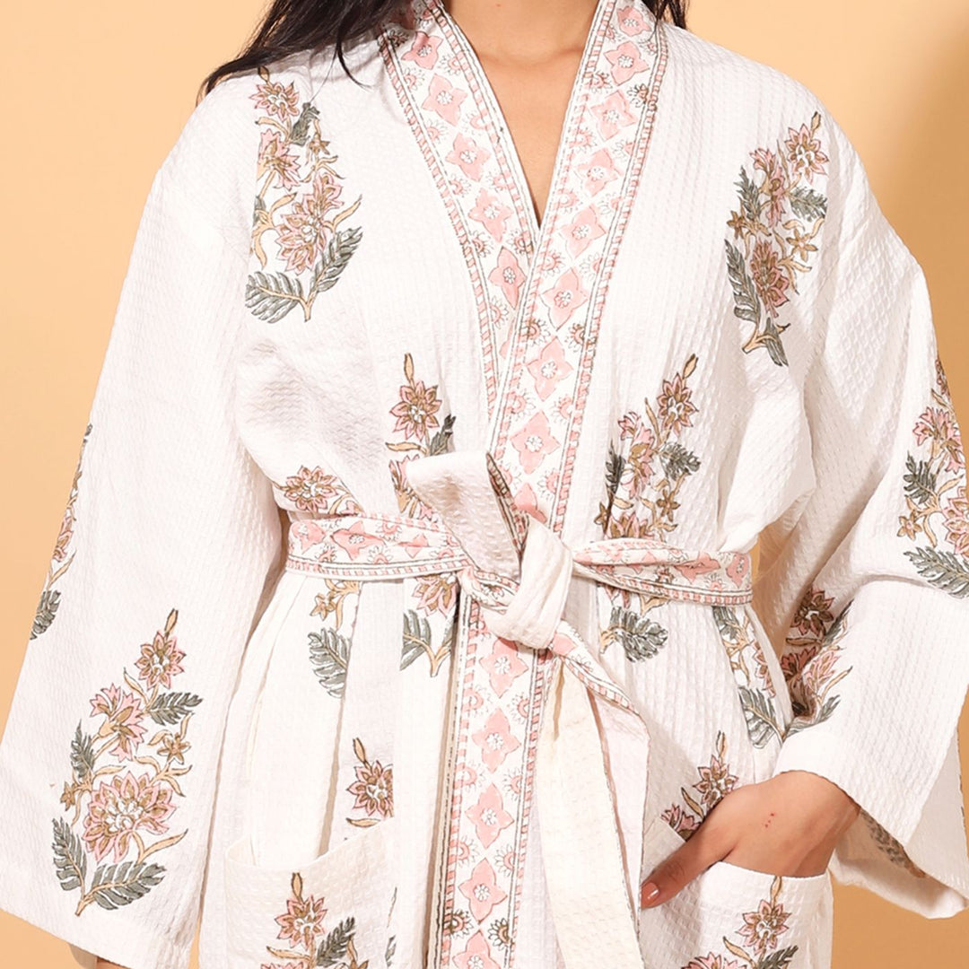 Personalized Handmade Block Printed Rose Gold Floral Cotton Bath Robes