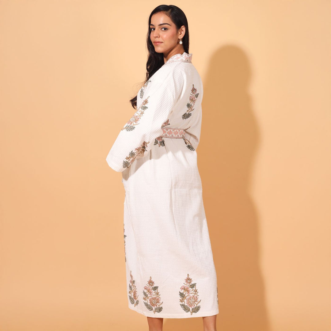 Personalized Handmade Block Printed Rose Gold Floral Cotton Bath Robes