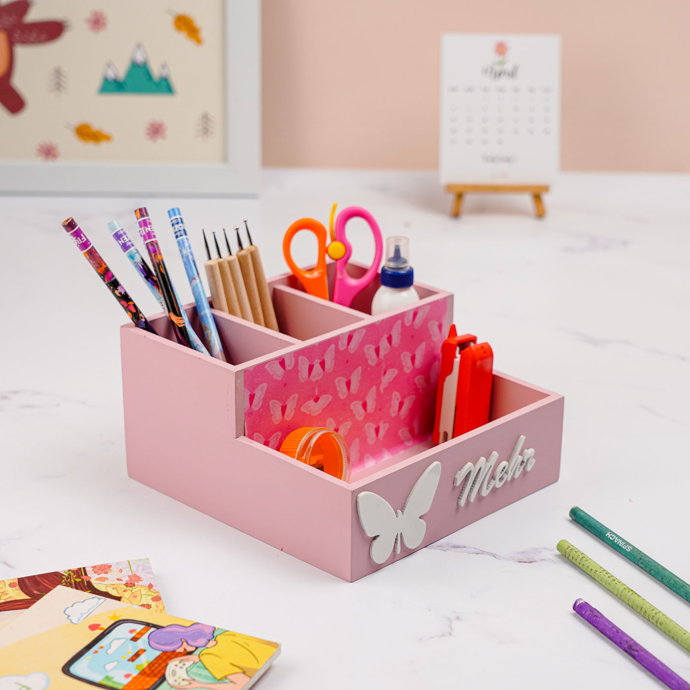 Buy Personalized Butterfly Theme Mdf Wood Stationery Organizer For Kids ...