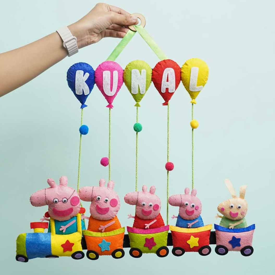 Handcrafted Personalized Felt Name Plate for Siblings | Peppa Train with Balloons