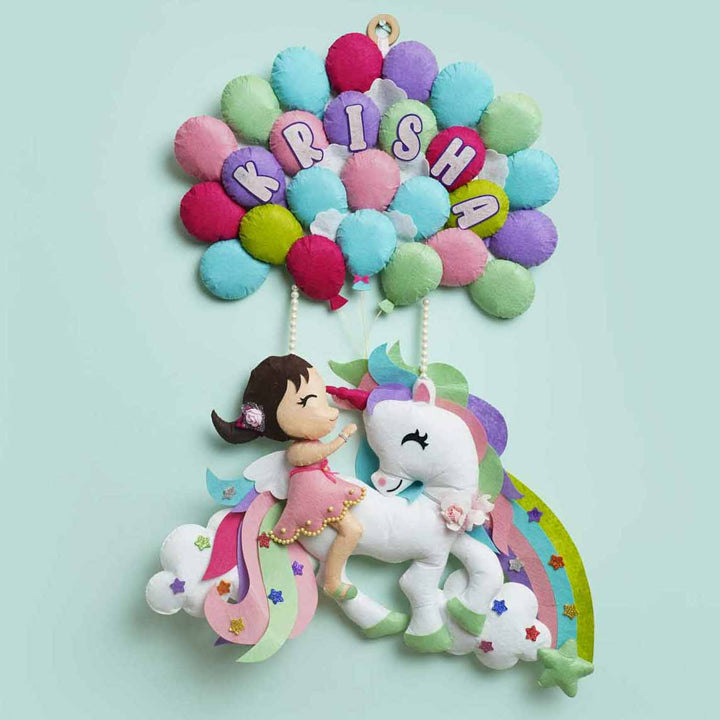 Handcrafted Personalized Felt Name Plate for Kids | Unicorn with Balloons