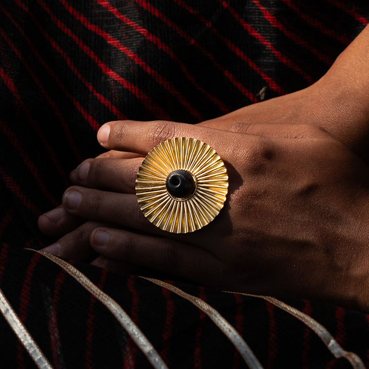 Minimal Handmade Traditional Round Kali Brass Ring | 22K Gold Plated