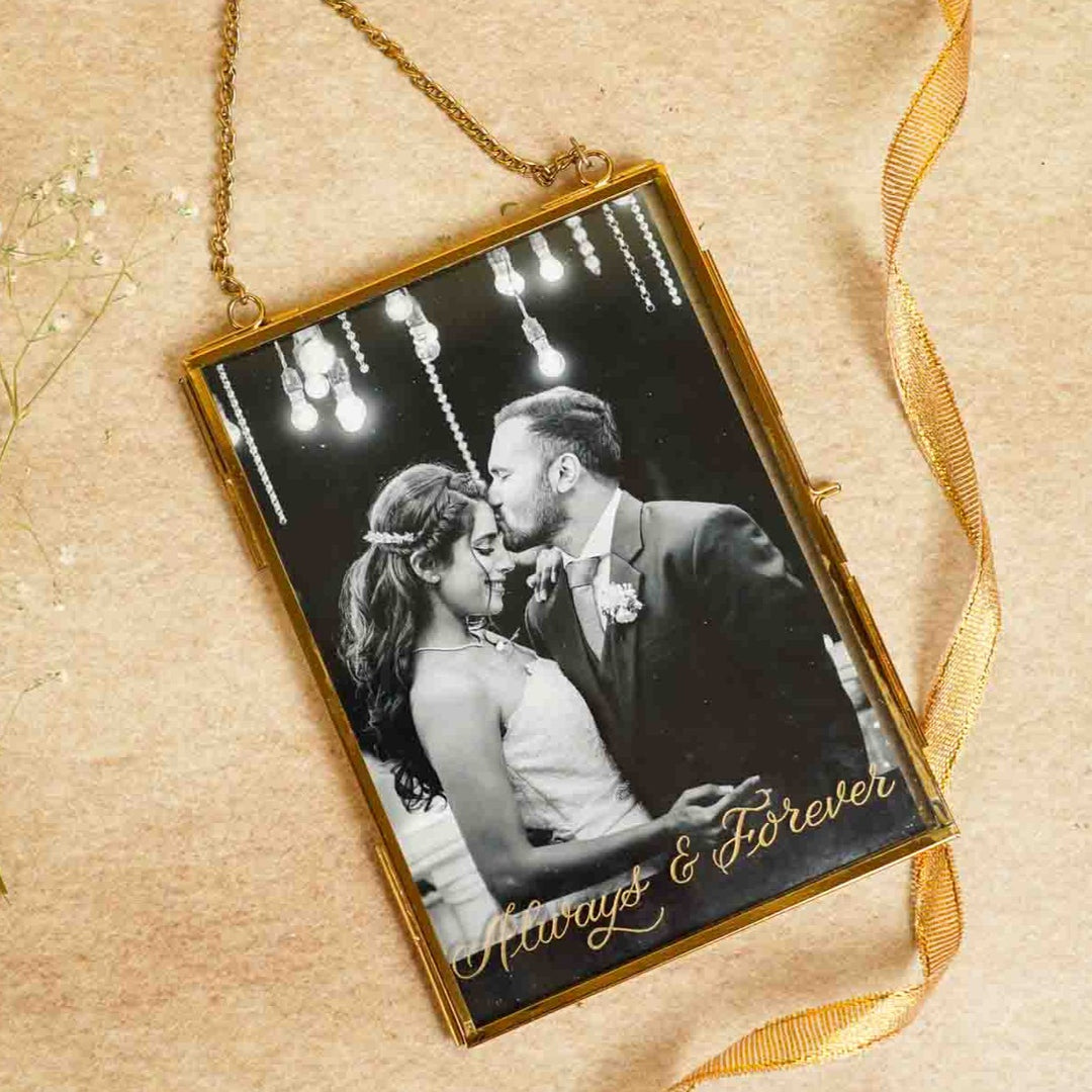 Personalised Engraved Vintage Brass Photo Frame with Black & White Photo