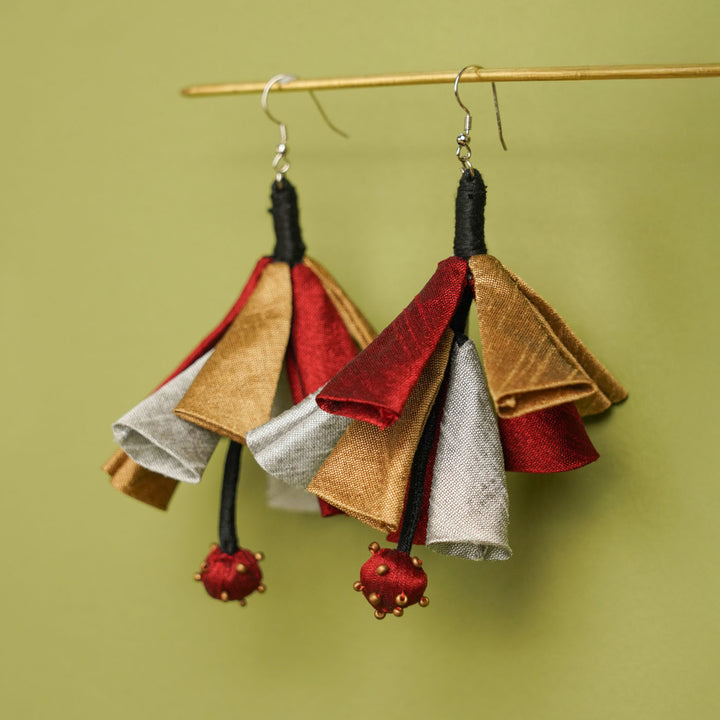 Handmade Textile Art Multicolor Tassels Dupion Silk Fabric Earrings