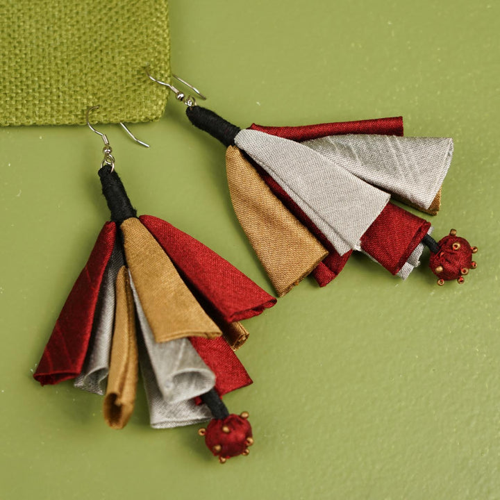 Handmade Textile Art Multicolor Tassels Dupion Silk Fabric Earrings