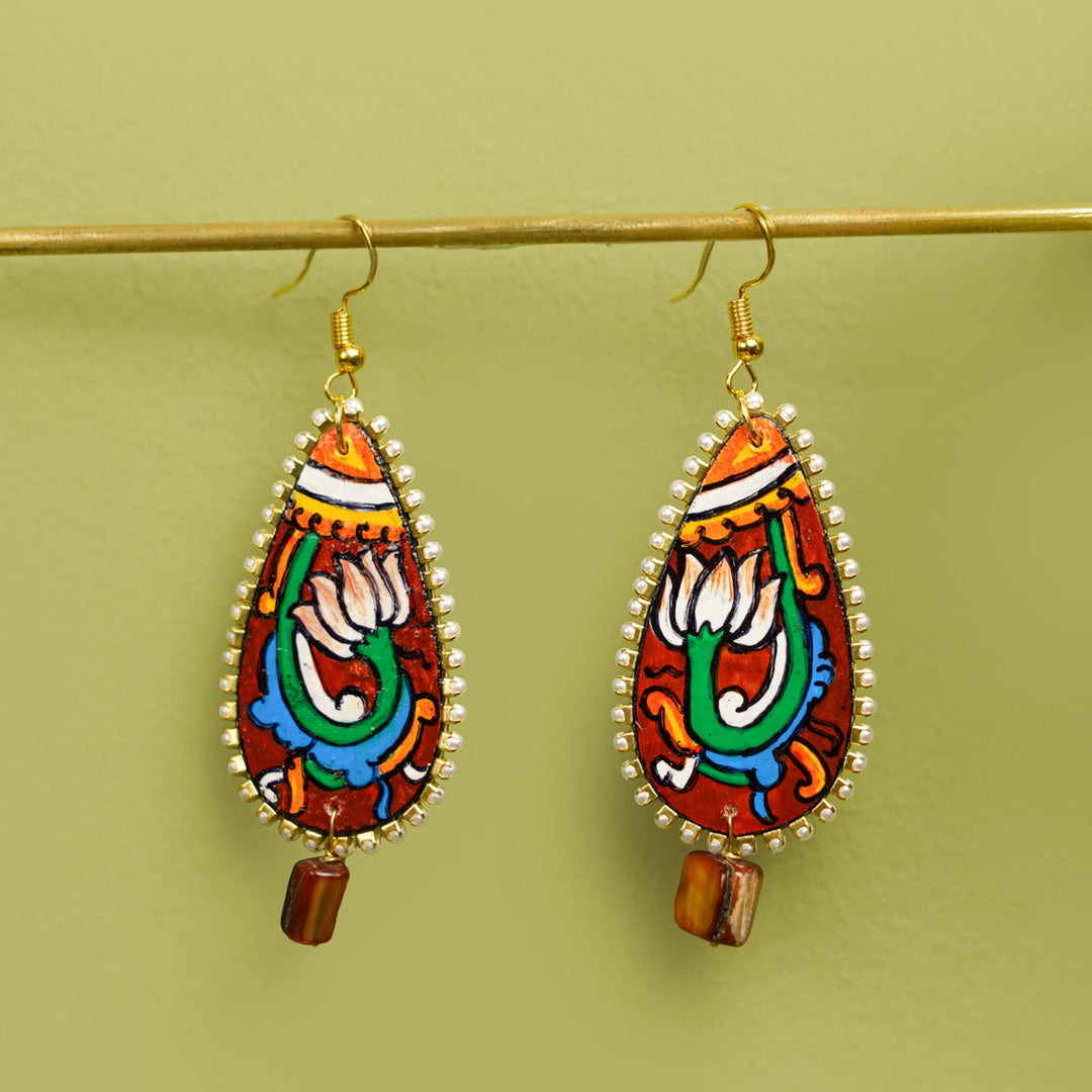 Hand-Painted Kerala Mural Brown Lotus Wooden Dangler Earrings