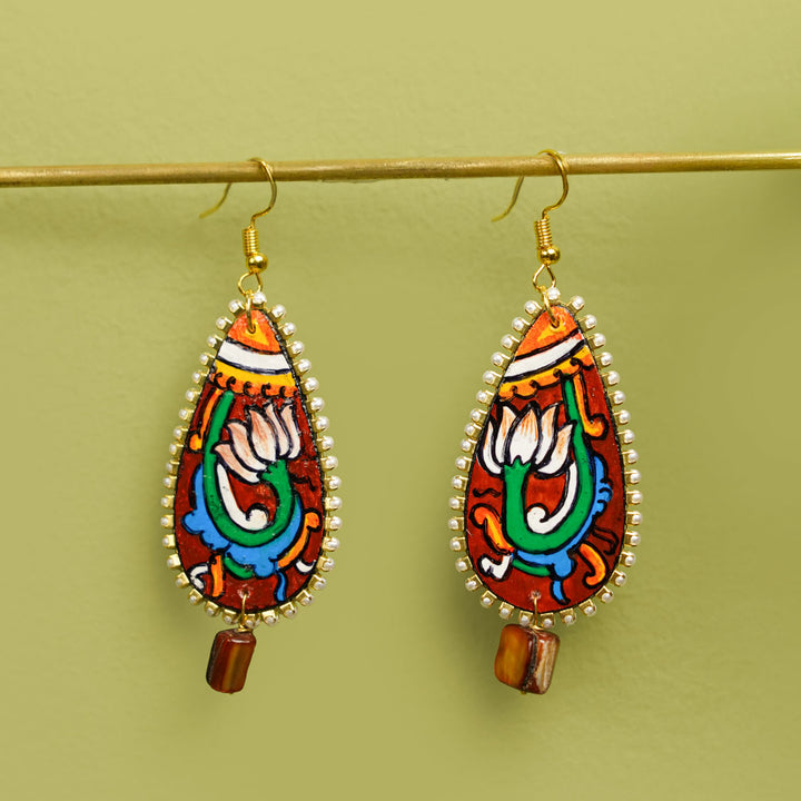 Hand-Painted Kerala Mural Brown Lotus Wooden Dangler Earrings