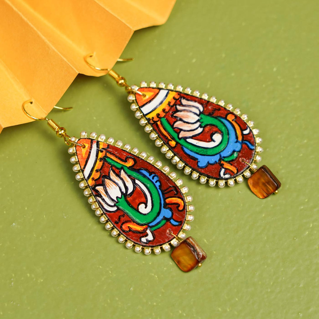 Hand-Painted Kerala Mural Brown Lotus Wooden Dangler Earrings