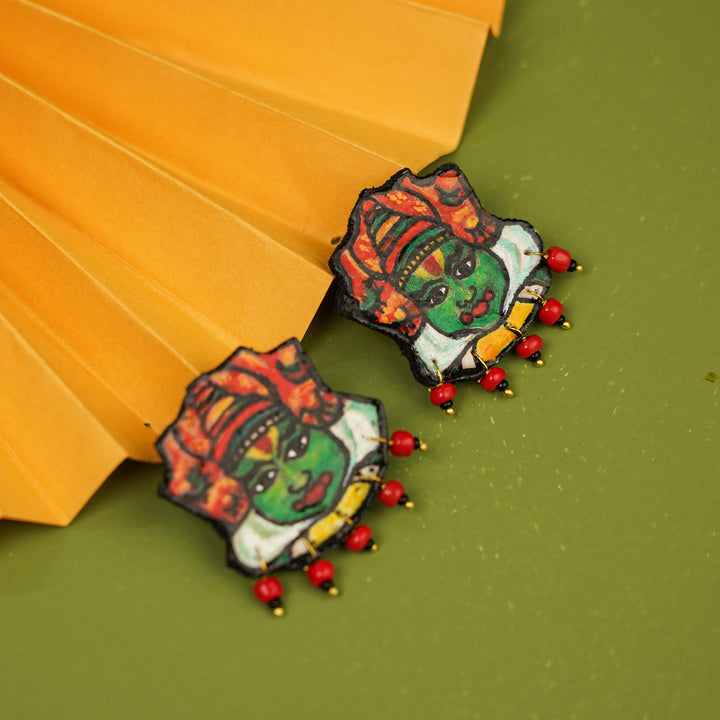 Hand-Painted Beaded Kathakali Wooden Stud Earrings