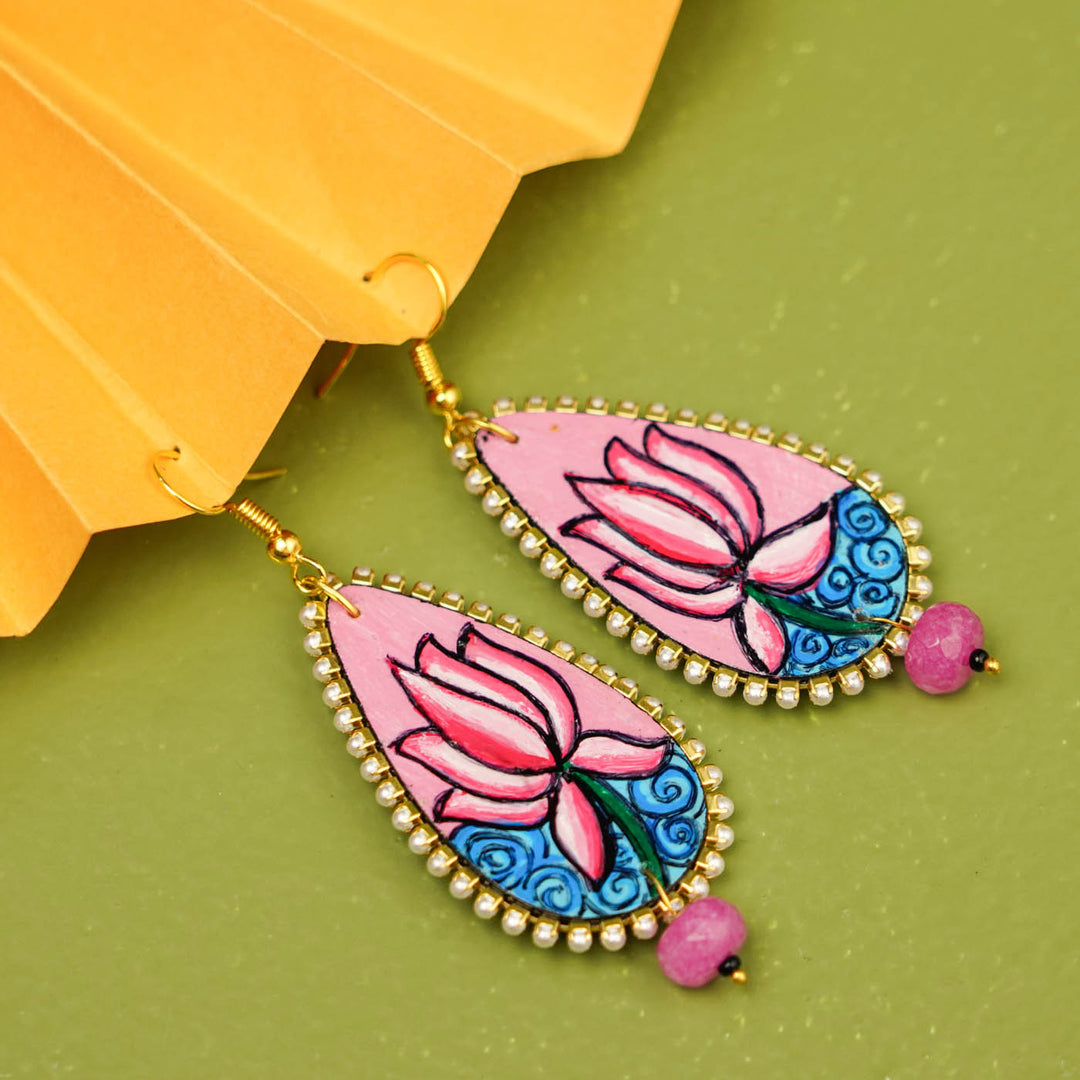 Hand-Painted Kerala Mural Lotus Wooden Dangler Earrings