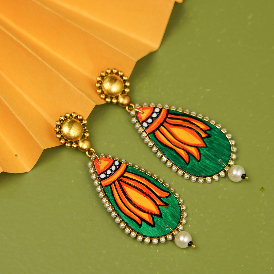 Hand-Painted Kerala Mural Green Lotus Wooden Earrings