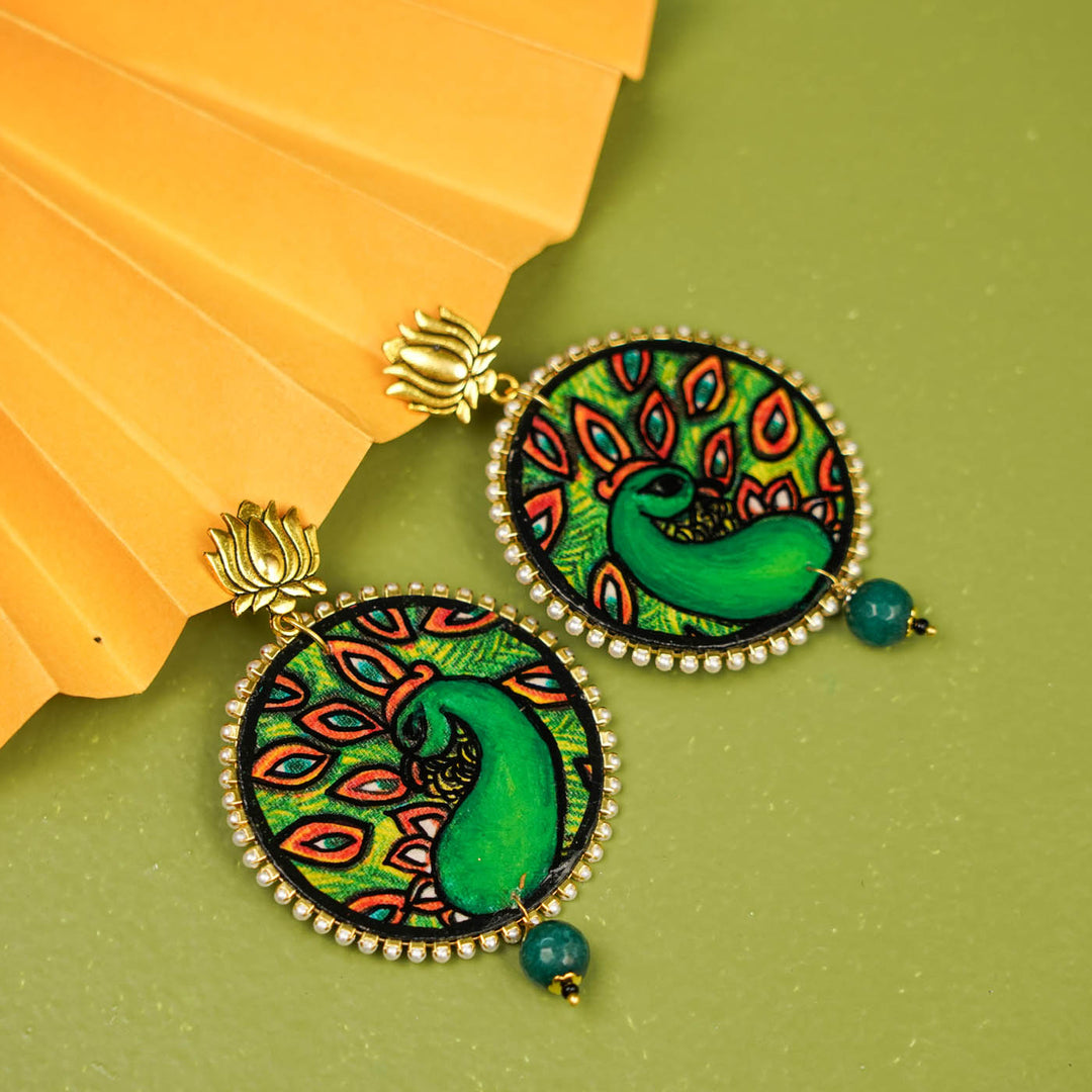 Hand-Painted Kerala Mural Peacock Wooden Earrings