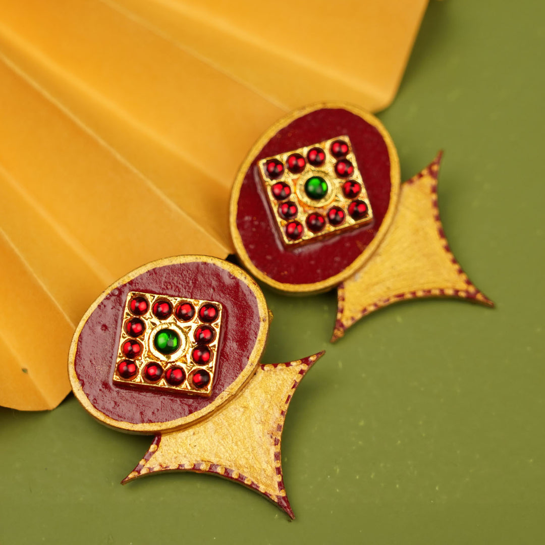 Hand-Painted Yellow & Maroon Kemp Wooden Stud Earrings