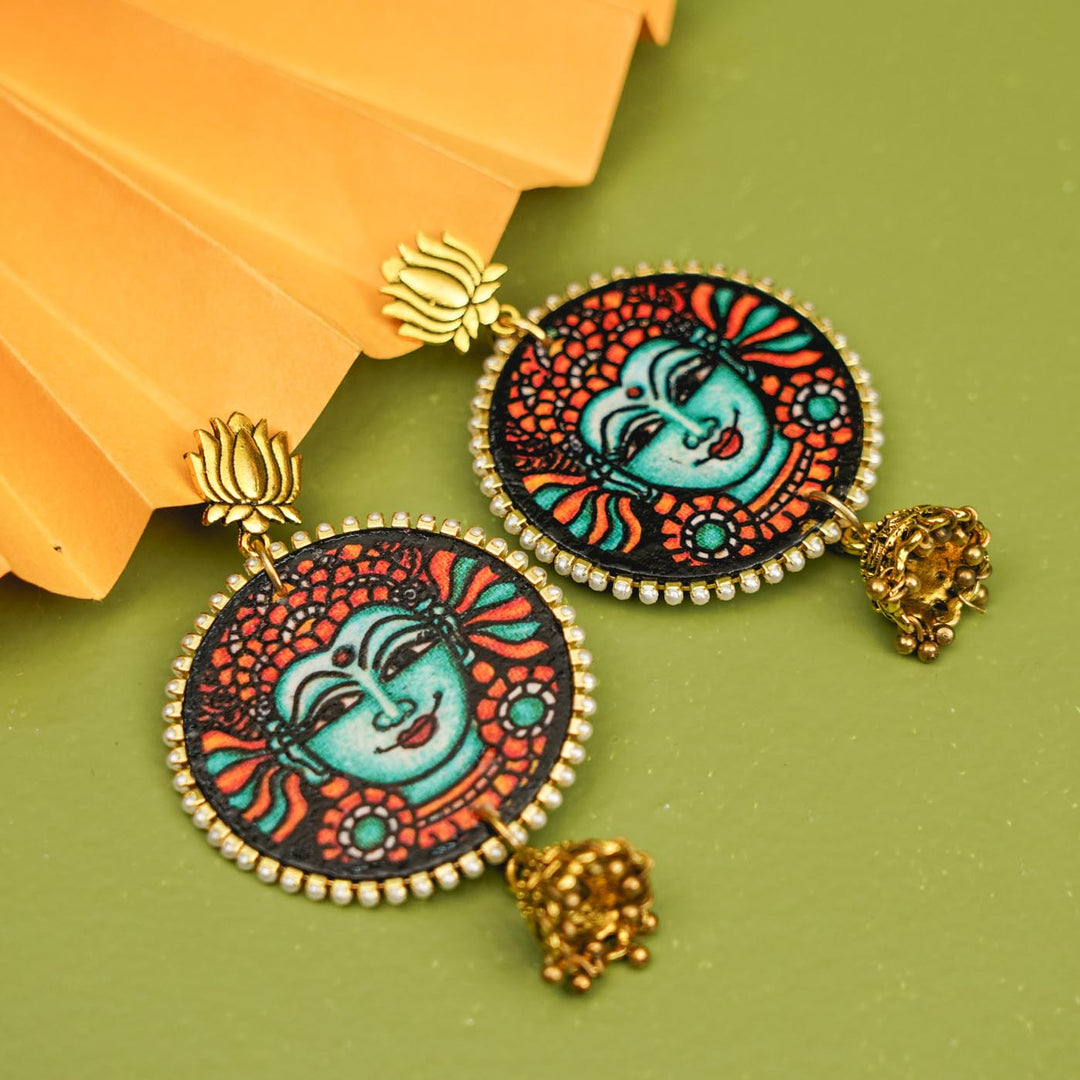Hand-Painted Kerala Mural Devi Wooden Earrings