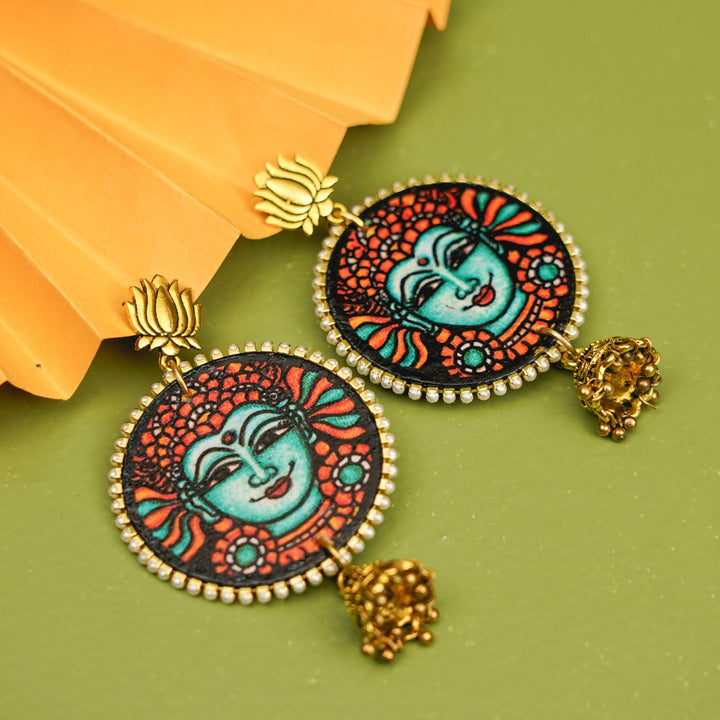Hand-Painted Kerala Mural Devi Wooden Earrings