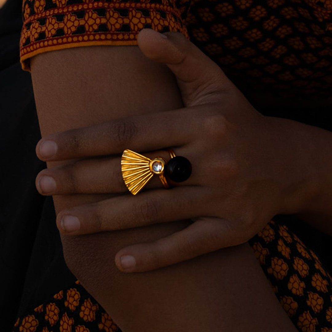 Contemporary Handmade Traditional Kali With Kundan Design Brass Ring | 22K Gold Plated