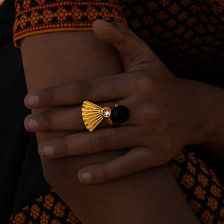 Contemporary Handmade Traditional Kali With Kundan Design Brass Ring | 22K Gold Plated