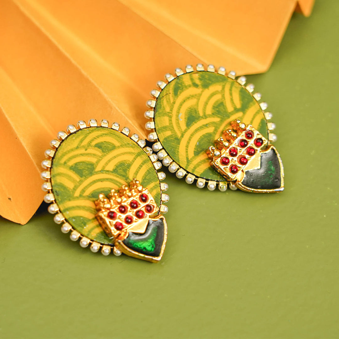 Hand-Painted Green Kemp Wooden Stud Earrings