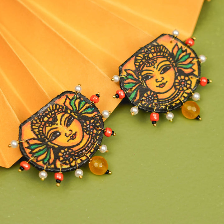 Hand-Painted Kerala Mural Yellow Wooden Stud Earrings