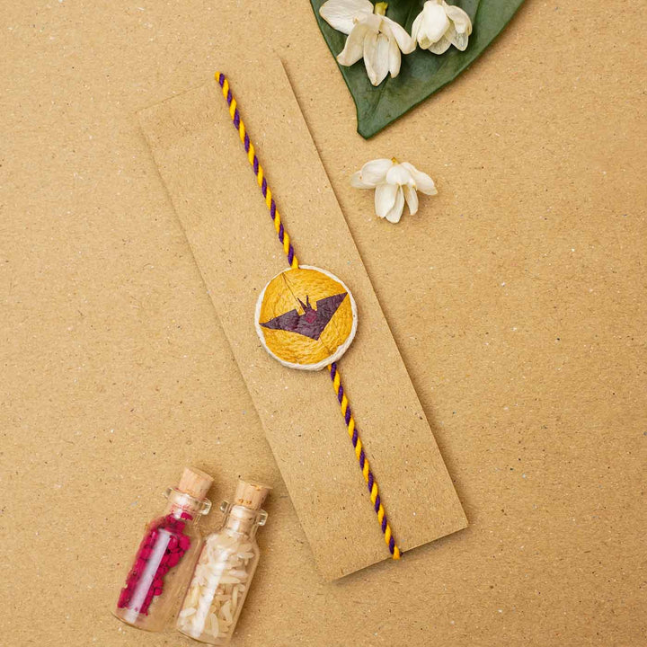 Handmade Eco-friendly Superhero Pressed Flower Rakhi with Roli Chawal