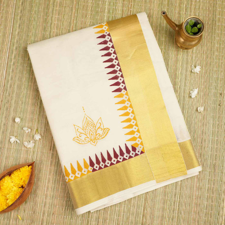 Lotus Motif Saree | Hand Block Printed Pure Cotton Kerala Kasavu Saree | Onam Special | 5.5m + 80cm Blouse Piece