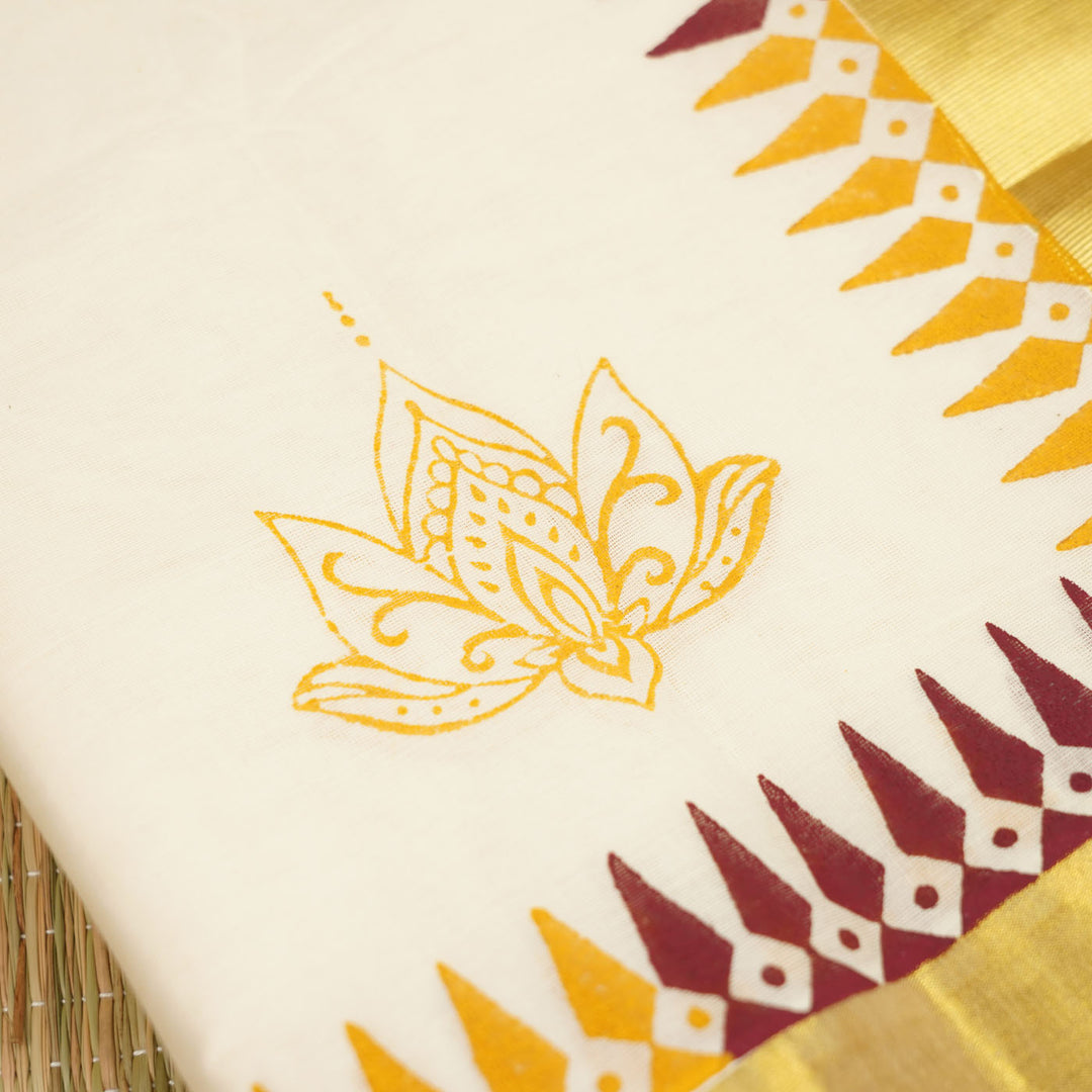 Lotus Motif Saree | Hand Block Printed Pure Cotton Kerala Kasavu Saree | Onam Special | 5.5m + 80cm Blouse Piece