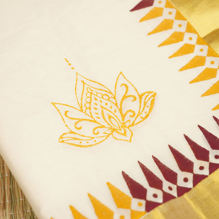 Lotus Motif Saree | Hand Block Printed Pure Cotton Kerala Kasavu Saree | Onam Special | 5.5m + 80cm Blouse Piece