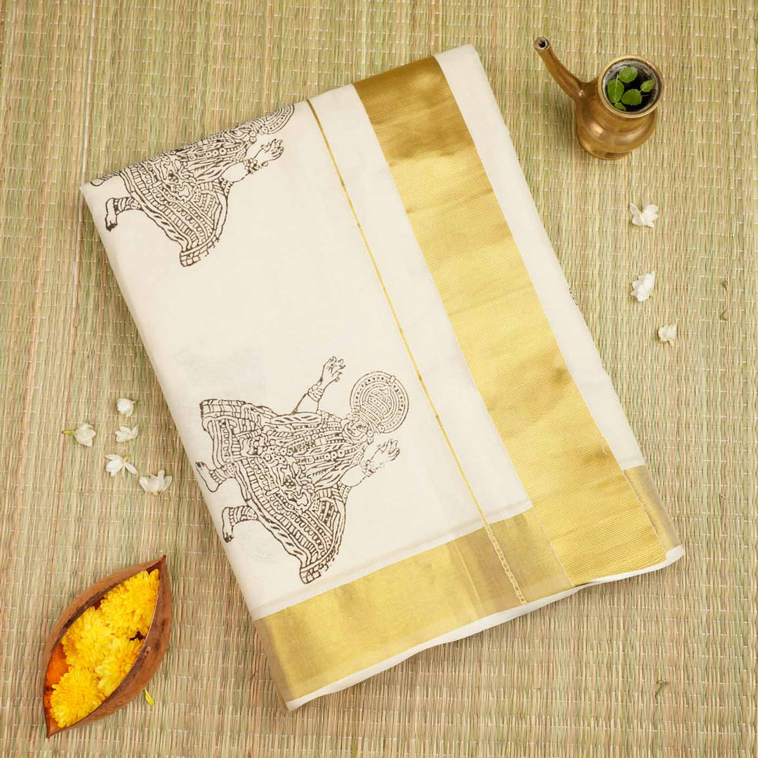 Kathakali Motif Saree | Hand Block Printed Pure Cotton Kerala Kasavu Saree | Onam Special | 5.5m + 80cm Blouse Piece